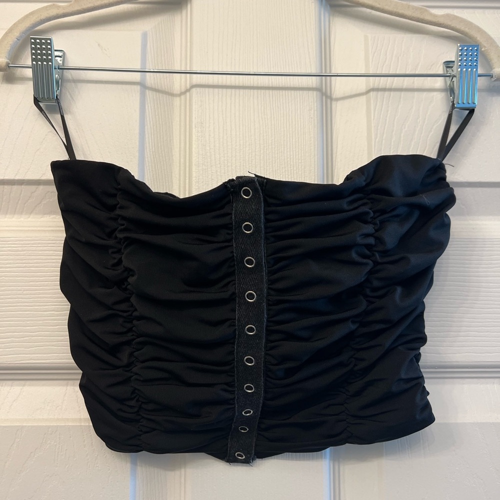 Forever 21 Black Ruched Crop Top with Button Detail
